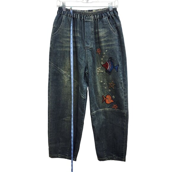 Vintage Denim Embroidered Fish Pattern Elastic Waist Cropped Pants Size S - Picture 6 of 8